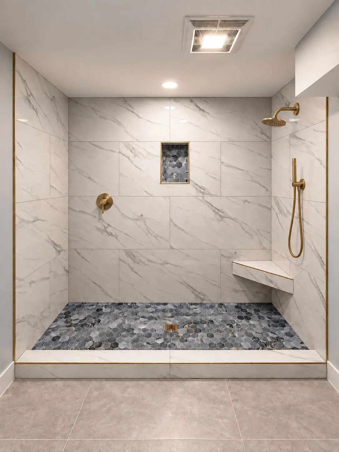 Walk-in shower in large-format Calacatta-look marble porcelain with brushed brass fixtures and trim, a blue-grey glass hexagon mosaic floor and matching niche, and a corner bench
